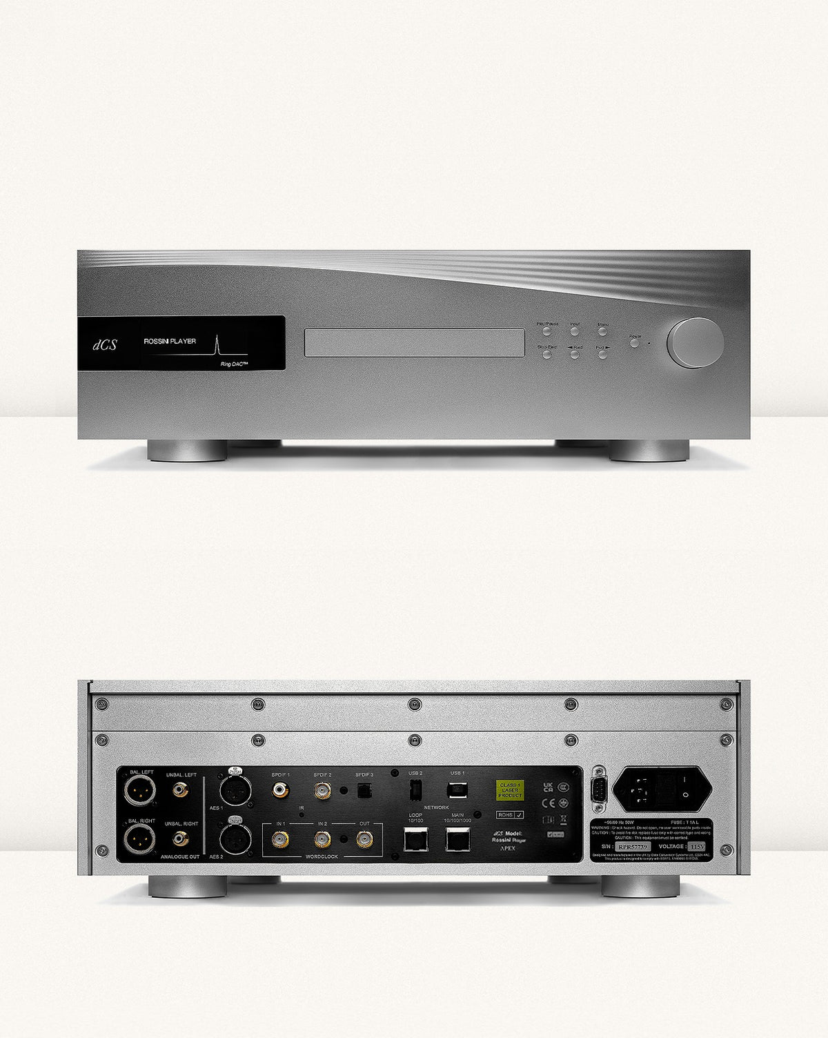 dCS Rossini APEX Player front and rear views in the factory composition