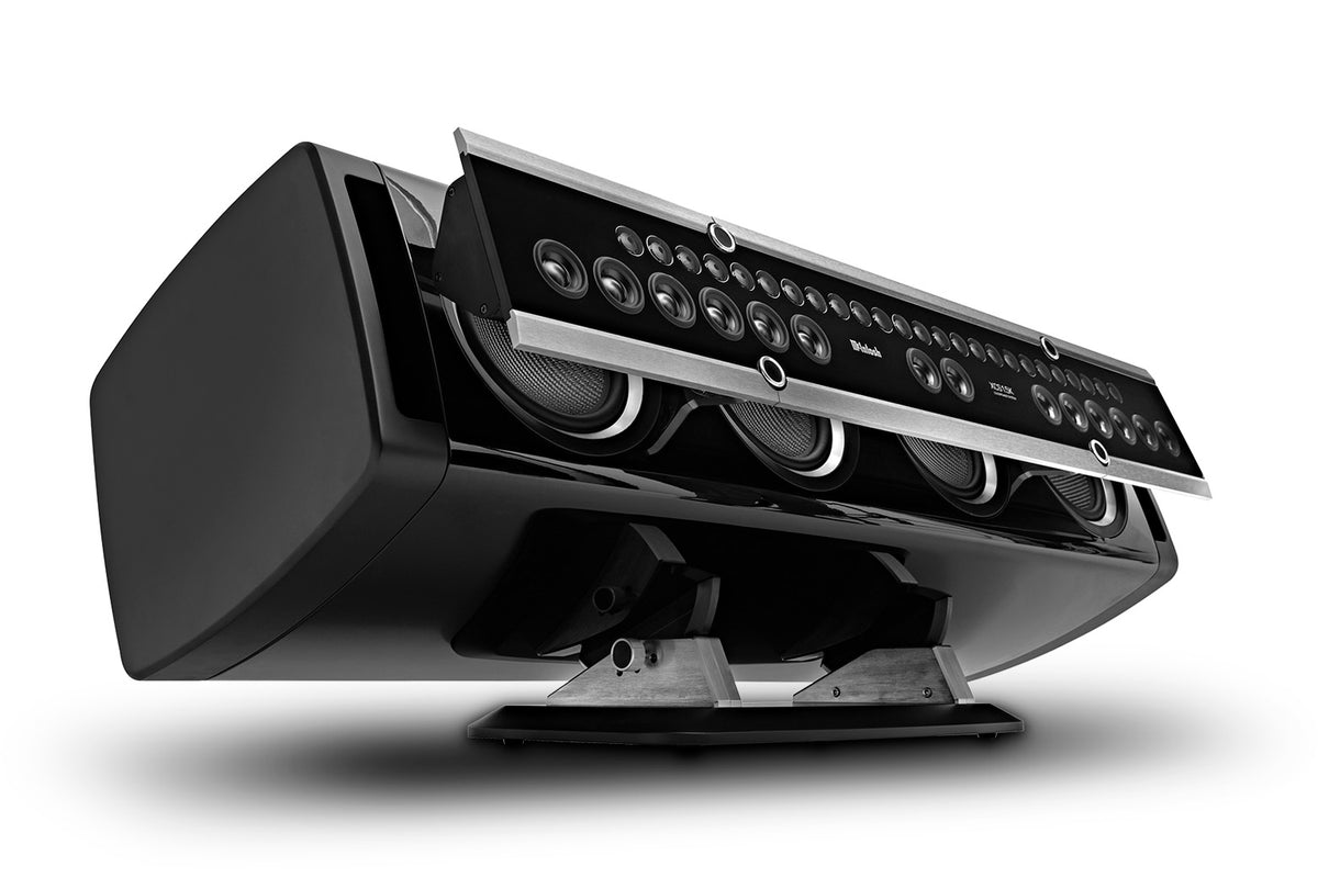 McIntosh XCS1.5K in Piano Black, tilted on stand