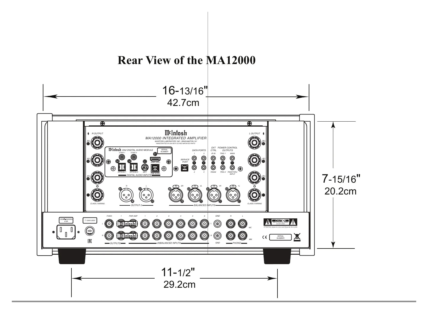 Official McIntosh MA12000 rear dimension drawing and connection layout