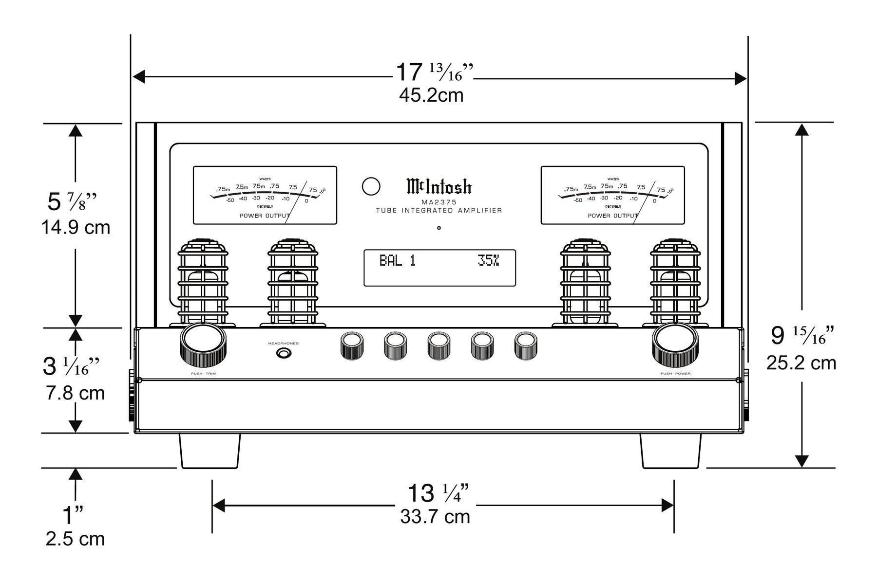 Front dimension drawing of the McIntosh MA2375 showing its width, height, chassis height, and foot spacing