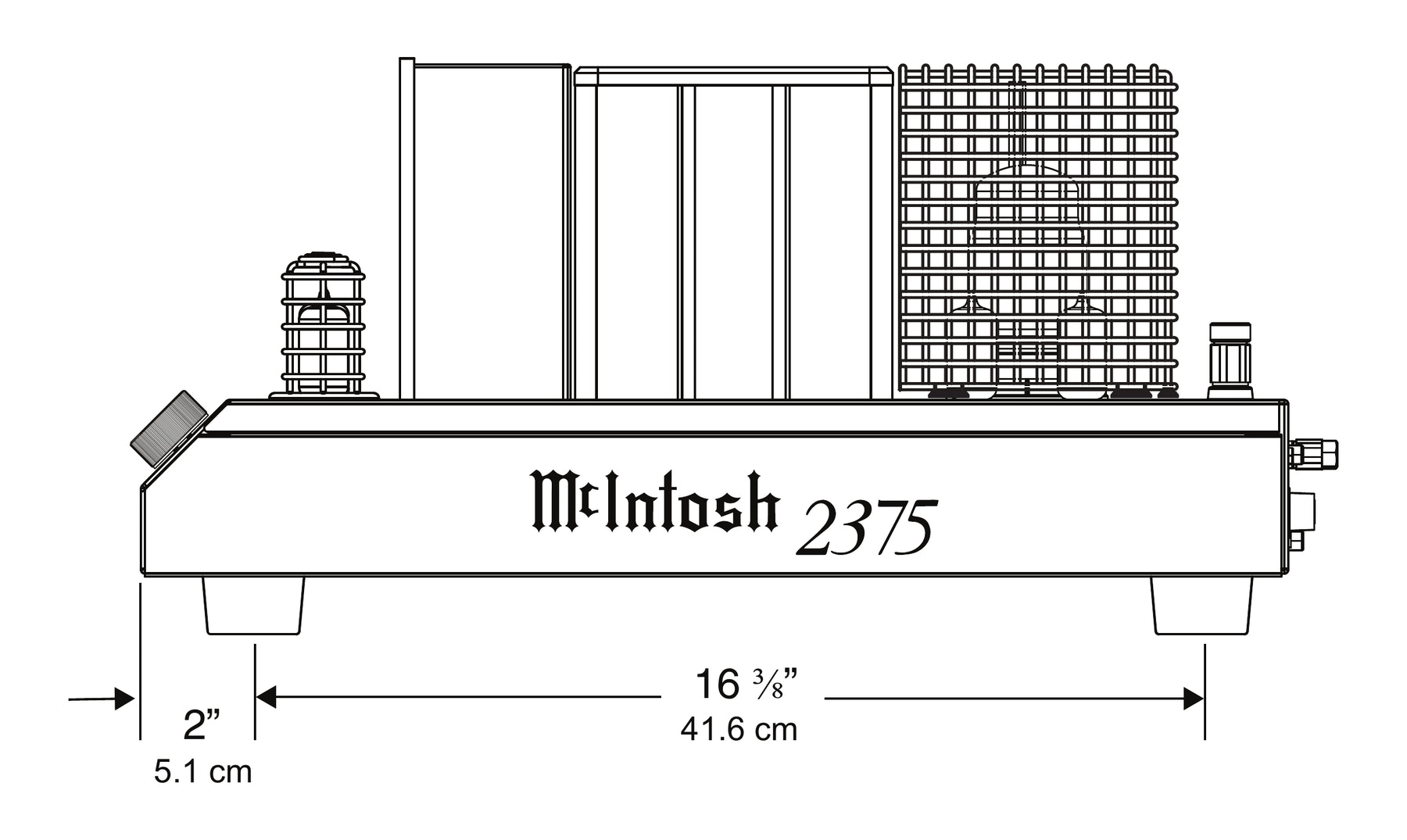 Side dimension drawing of the McIntosh MA2375 showing its chassis depth and front-panel projection