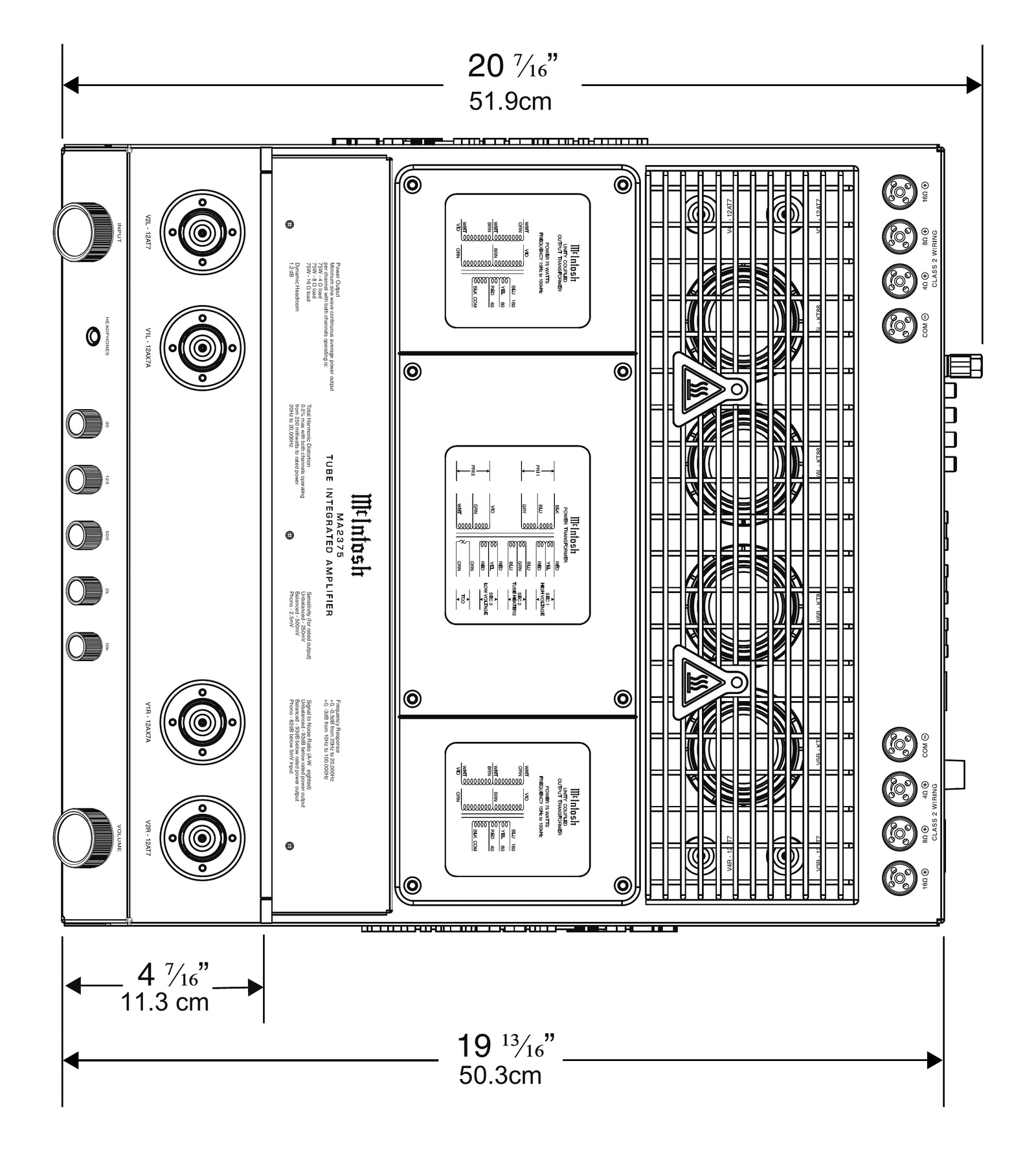 Top dimension drawing of the McIntosh MA2375 showing overall depth and rear connection placement