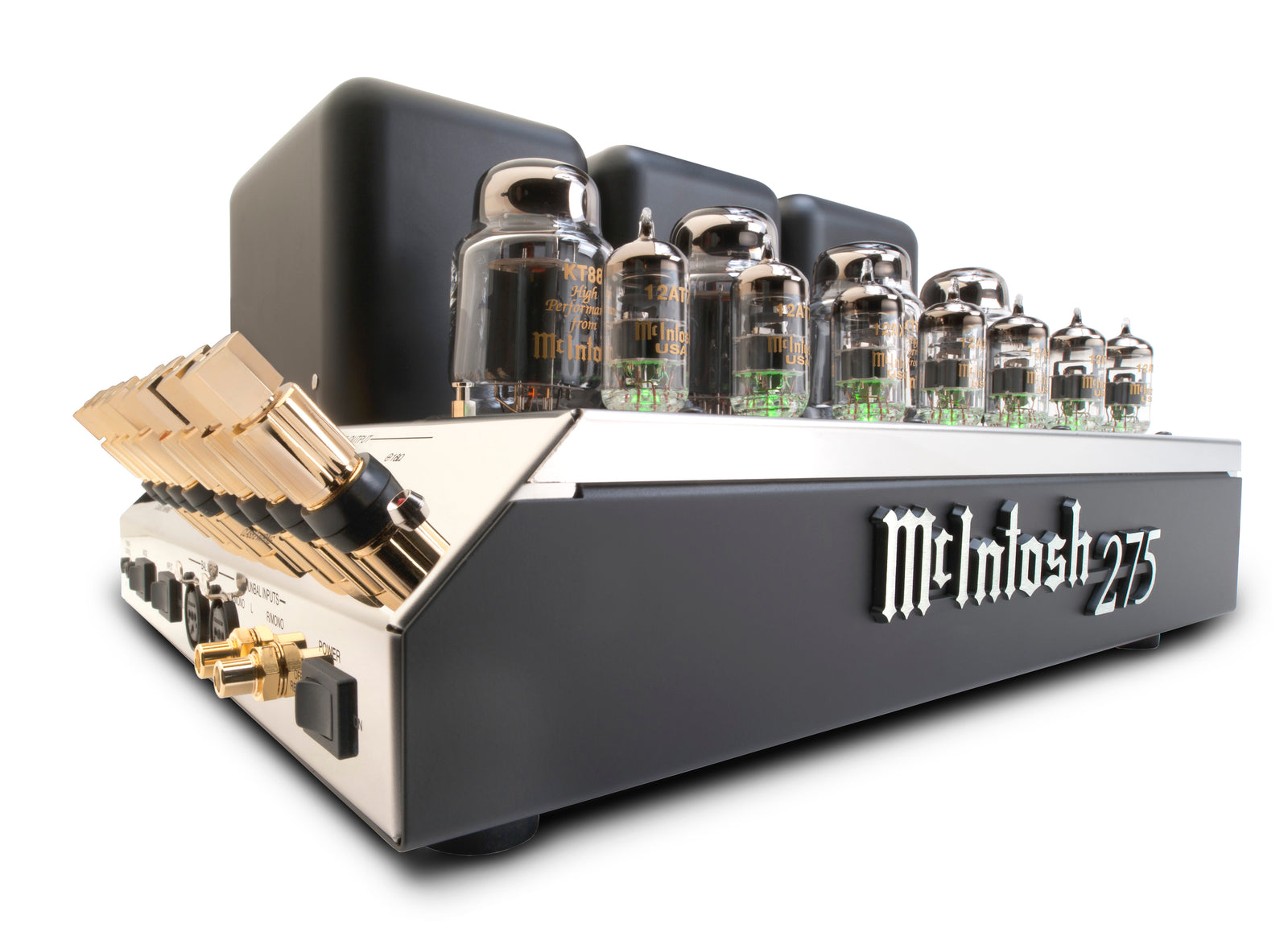 Low-angle view of the McIntosh MC275 showing its tubes, polished chassis, and gold terminals