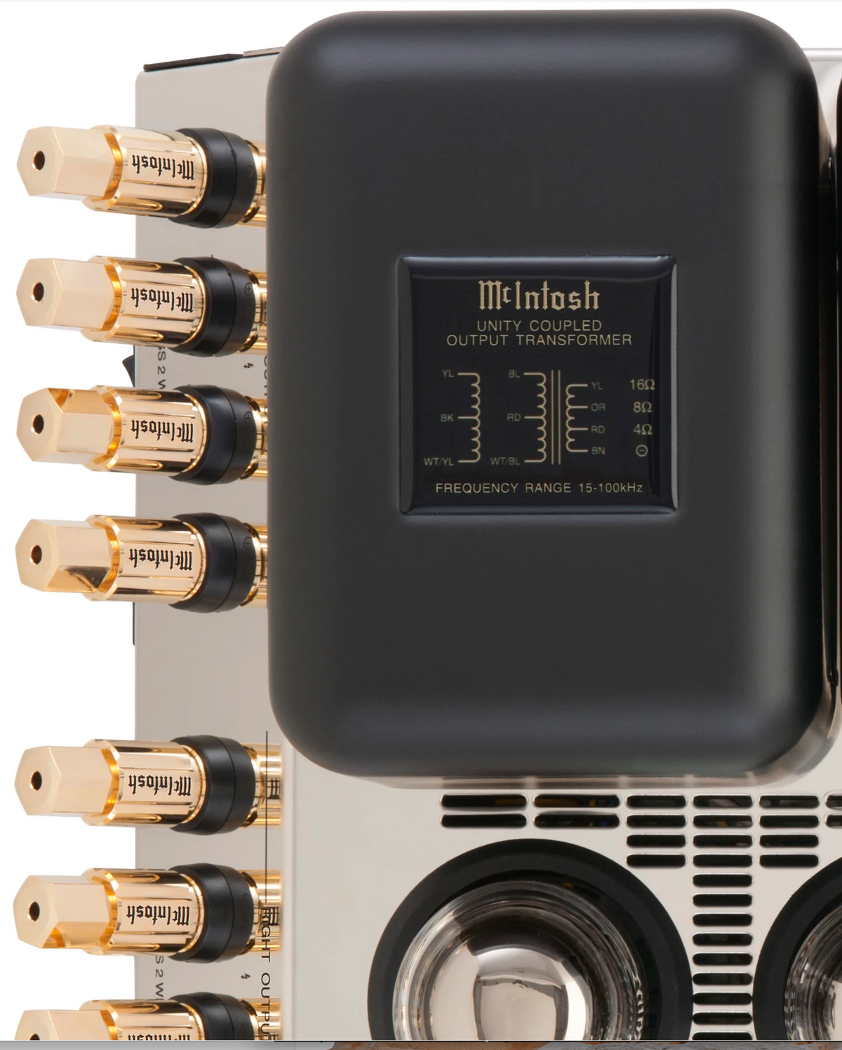 Closeup of the MC275 Unity Coupled output transformer, showing its circuit label beside the gold loudspeaker binding posts