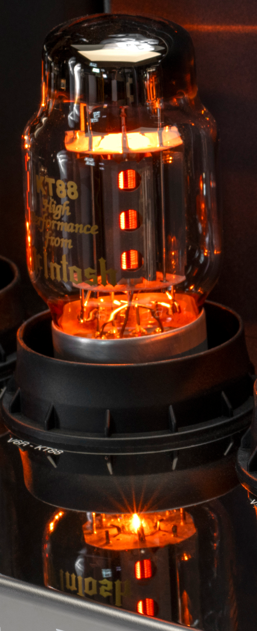 Close-up of a glowing McIntosh KT88 output tube