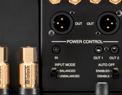 Magnified MC462 rear panel showing POWER CONTROL and IN