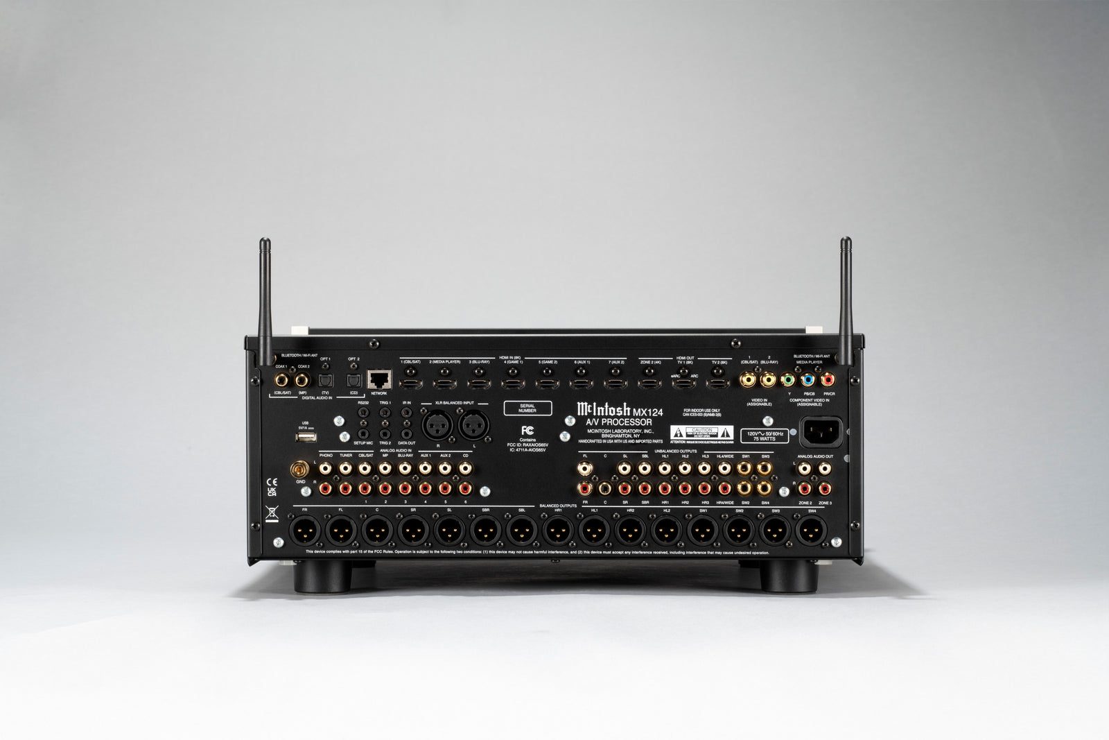 Closeup of the MX124 rear panel and connection labels