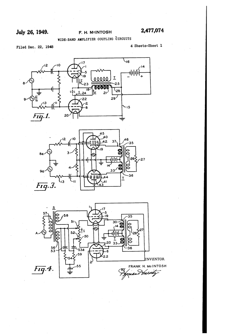 First drawing sheet of Frank H. McIntosh’s original patent 2,477,074, dated July 26, 1949