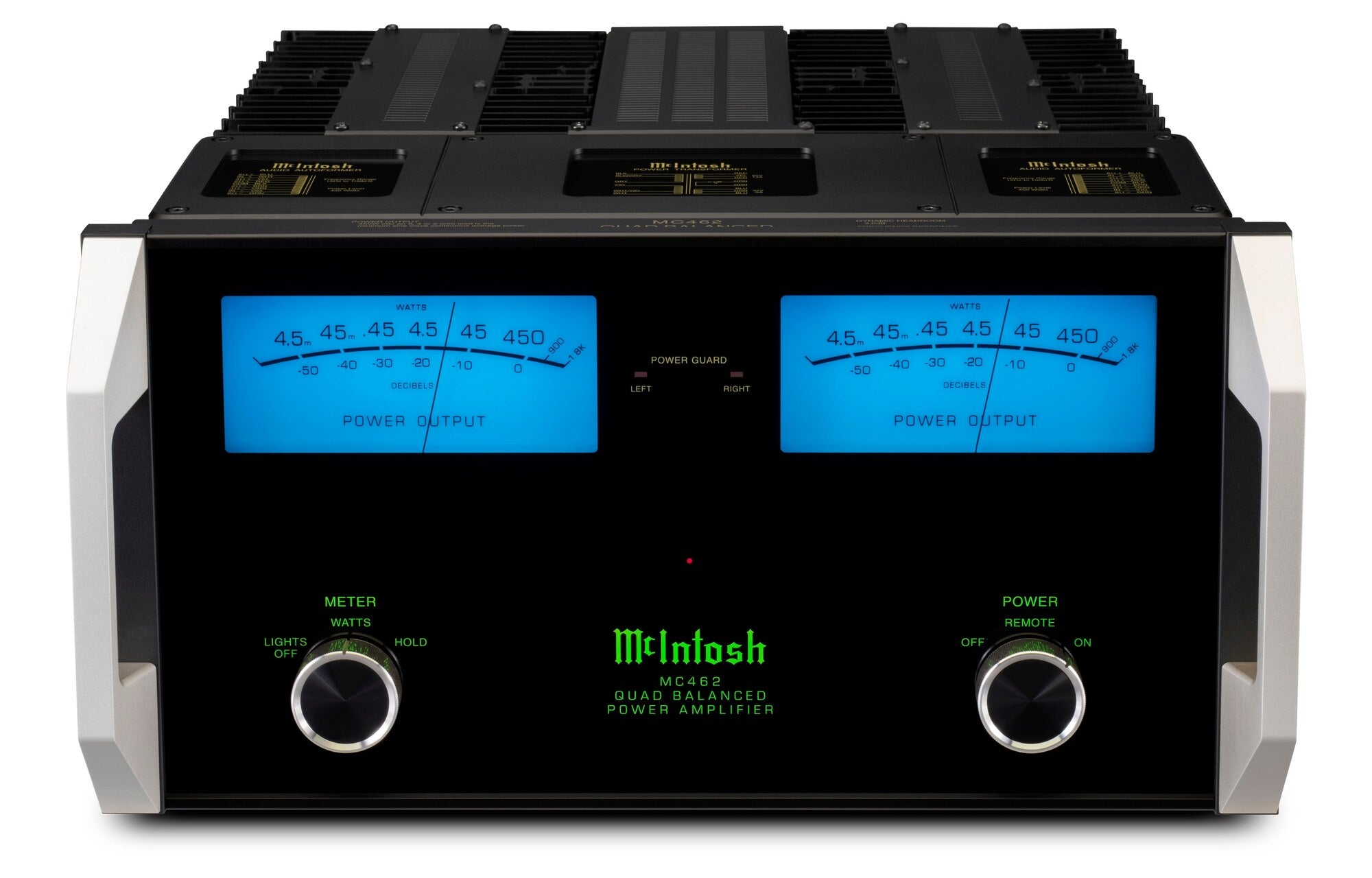Front view of the McIntosh MC462 stereo power amplifier with two illuminated blue Watt meters