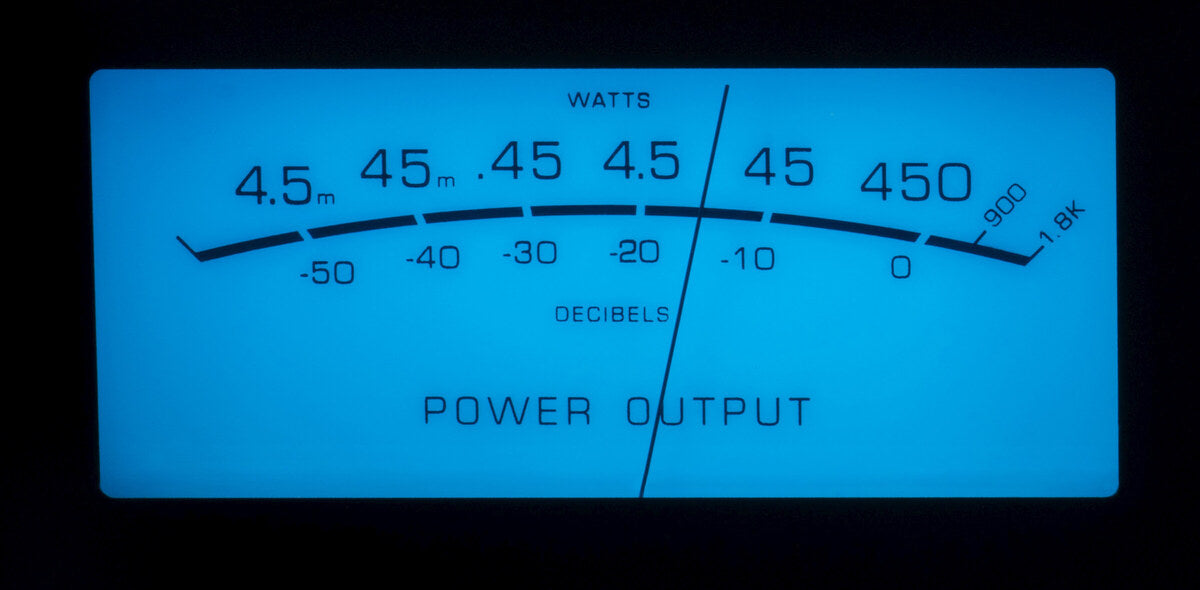 Close view of an illuminated McIntosh MC462 Watt meter with its complete factory watt and decibel scales
