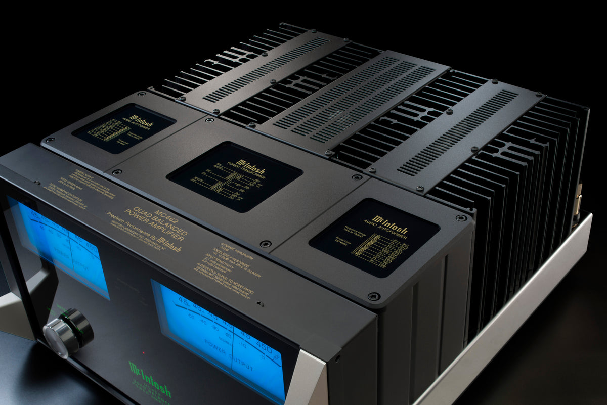 Official McIntosh MC462 top detail showing the monogrammed heatsink fins